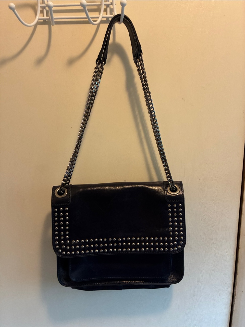Patricia Nash Black Leather Studded Chain-Handle Shoulder Bag